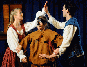 Production photo from A Commedia Romeo and Juliet. Presented at the Mead Theatre Lab at Flashpoint, Jan 12 — Feb 4. Left to Right: Gwen Grastorf, Eva Wilhelm, and Drew Kopas. Photo by ClintonBPhotography.